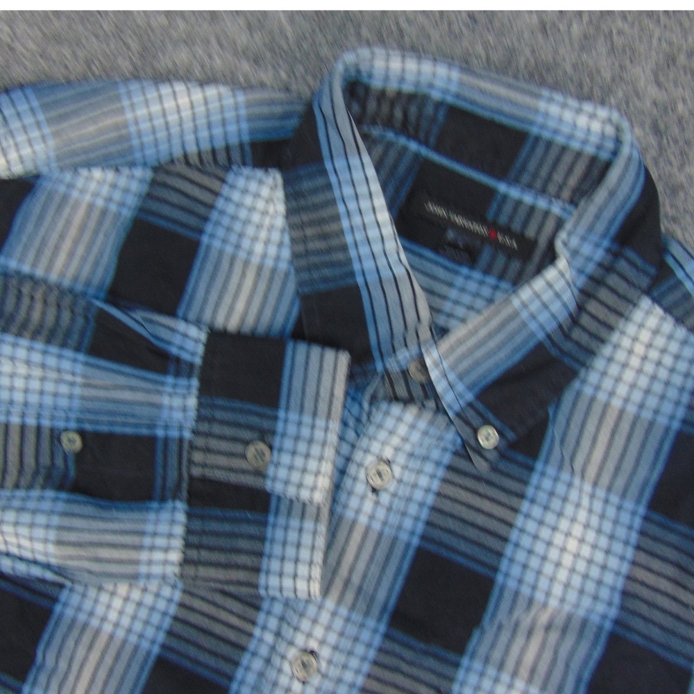 John Varvatos Button Down‎ Mens Large Plaid Blue Black Casual Designer Shirt